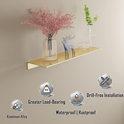 HNVNER Brushed Gold Floating Wall Shelves 2 Packs, Shower Shelf 15.7x4.9 | Anodized Aluminum, Rustproof, No Drilling Option, Adhesive Display Ledge for Bedroom, Living Room, Bathroom, Home Office - color: Brushed Gold, size: 15.6 x 4.9 inch