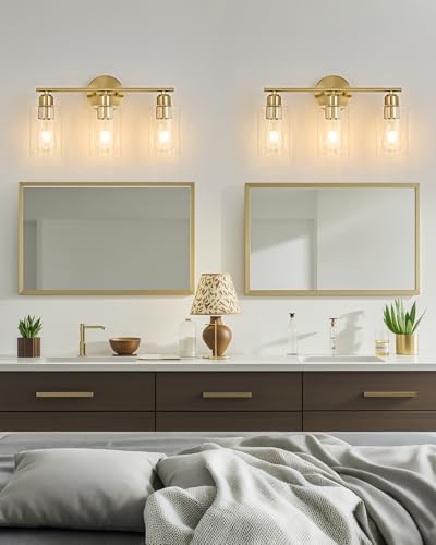 3Light Modern Vanity Lights - Gold, Clear Glass Shade, Wall Sconce for Bathroom & Bedroom, 2 Pack - color: Gold, size: 3 Light - 2 pack