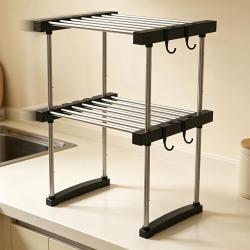 BLULEE Expandable Under Sink Organizer, 2-Tier Adjustable Storage Shelf | Heavy-Duty Stainless Steel Cabinet Rack for Kitchen Pantry & Bathroom Vanity, Stackable Organization System - color: Black, size: 2 Pack