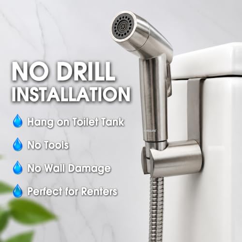 Handheld Bidet Sprayer for Toilet, Dual Spray Modes with Lockable Push Button, High Pressure Bathroom Sprayer, No-Drill Toilet Tank Mount, Stainless Steel Hose Set, Black Finish, Niken Color - color: Brushed Niken