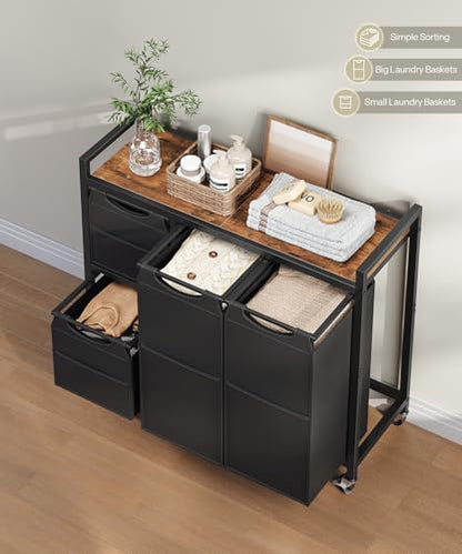 HOOBRO Laundry Sorter with 4 Section, 34 Gal. (127 L) Laundry Hamper with Wheels, Rolling Laundry Basket with Shelf, Pull-Out Detachable Bags, Side Pockets, Rustic Brown and Black BF14XY01N1 - color: Rustic Brown + Black