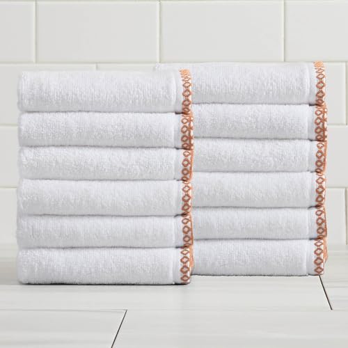 Great Bay Home Clay/White Washcloth Set - Ultra-Soft Cotton, Boho-Chic Border Design - 12 Washcloths (13" x 13") - Absorbent, Quick-Dry, Lightweight Bathroom Towels - color: White / Clay, size: Washcloth (Pack of 12)