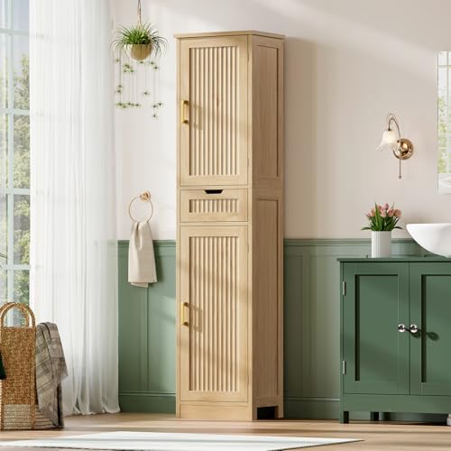 Iwell Tall Narrow Storage Cabinet with 1 Drawer and 2 Doors, Fluted Cabinet with Adjustable Shelves, Rattan Kitchen Cabinet for Bathroom, Living Room, Kitchen, Natural Oak - color: Fluted Natural
