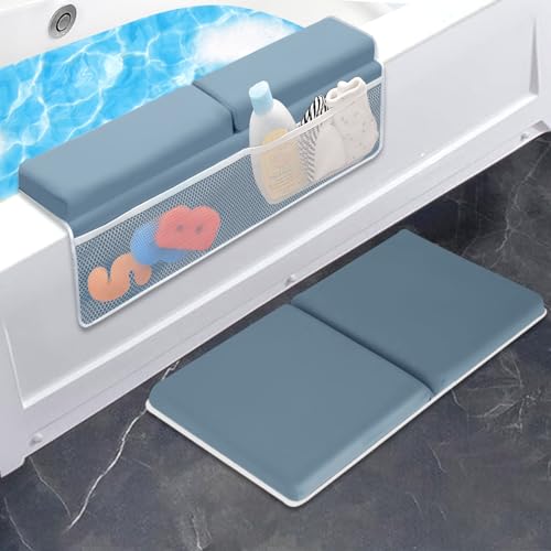 JJGoo Bath Kneeler with Elbow Rest Pad Set, 1.5 inch Kneeling Pad Mat for Bathtub Baby Bathing Parents, Painless Foam Mat with Toy Organizer Pockets, Non-Slip for Baby and Toddler Bathing - color: Blue