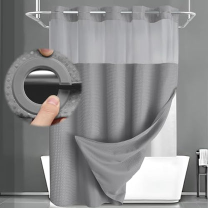 No Hook Shower Curtain with Liner Set Hotel Waffle Curtain Grey 58W X 75L | Washable Snap in Fabric Liner, Mesh Top Window, Waffle Hotel Style Shower Curtain Set - color: Grey, size: 54"W x 75"L