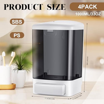 Hushee 4 Pcs Plastic Wall Mounted Soap Dispenser Commercial Manual Soap Containers Wall Dispenser for Kitchen Shower Hotel Liquid Shampoo Gel Chamber(33.8 oz 1000 ml,Black) - color: Black, size: 33.8 oz 1000 ml