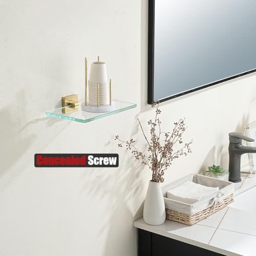 JQK Bathroom Glass Shelf Gold, Tempered Glass Shower Storage 8 by 5 inches, 304 Stainless Steel Brushed Gold Wall Mount, TGS201L8-BG - color: Brushed Gold, size: 8 Inch