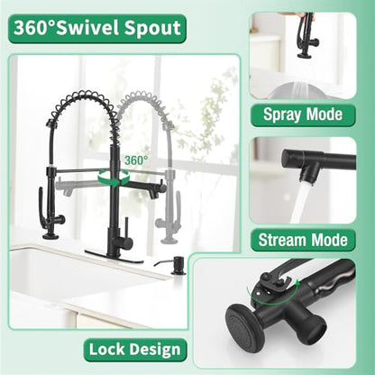 Fapully Commercial Pull Down Kitchen Sink Faucet with Sprayer Matte Black | Single Handle Faucets for Kitchen Sink, Kitchen Faucet with Soap Dispenser and Deck Plack for 4 Holes, 1.8GPM Water Flow - color: Matte Black, style: Contemporary