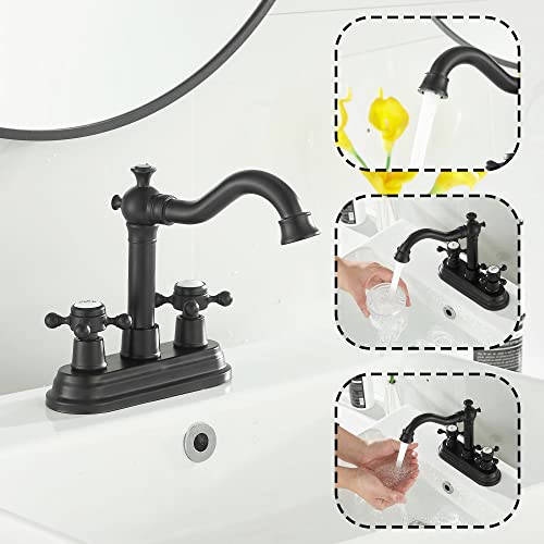 Bathroom Faucet Matte Black 2 Handles 4 Inches Centerset Black Bathroom Vanity with Drain Assembly and Supply Hose Lavatory Faucet - color: Black, style: Ceramic Cover