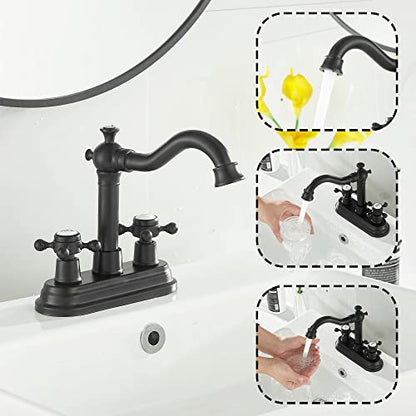 Bathroom Faucet Matte Black 2 Handles 4 Inches Centerset Black Bathroom Vanity with Drain Assembly and Supply Hose Lavatory Faucet - color: Black, style: Ceramic Cover