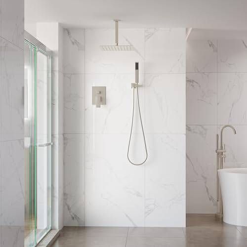 WELLFOR 12-In Ceiling Mount Shower System with Single Handle, Pressure-balanced Valve Included, Waterfall Dual Head Shower Head System, Rain Shower System, Shower Faucet Trim Kits, Brushed Nickel - color: Brushed Nickel, style: Ceiling Mount 12-Inch