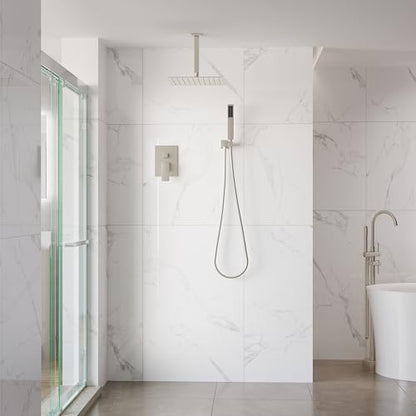 WELLFOR 12-In Ceiling Mount Shower System with Single Handle, Pressure-balanced Valve Included, Waterfall Dual Head Shower Head System, Rain Shower System, Shower Faucet Trim Kits, Brushed Nickel - color: Brushed Nickel, style: Ceiling Mount 12-Inch