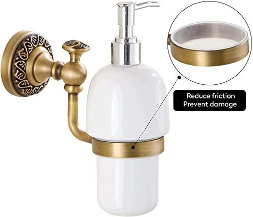 Leyden Antique Brass Soap Dispenser,Wall Mount Hand Soap Pump Bathroom Liquid Holder Lotion Bottles Vintage Dish Ceramics Removable for Kitchen Sink Countertop
