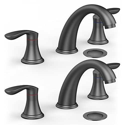 Bathroom Sink Faucet, Faucet for Bathroom Sink, Widespread Matte Black Bathroom Faucet 3 Hole with Plastic Pop Up Drain and cUPC Lead-Free Hose - (Matte Black 2 Packs) - color: Matte Black, size: 8 inch 2 packs