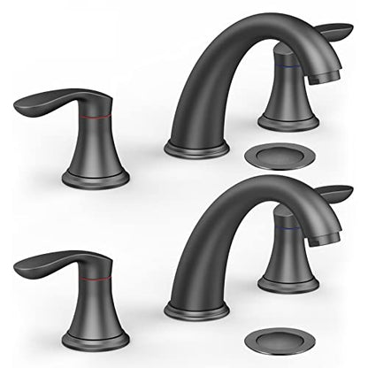 Bathroom Sink Faucet, Faucet for Bathroom Sink, Widespread Matte Black Bathroom Faucet 3 Hole with Plastic Pop Up Drain and cUPC Lead-Free Hose - (Matte Black 2 Packs) - color: Matte Black, size: 8 inch 2 packs