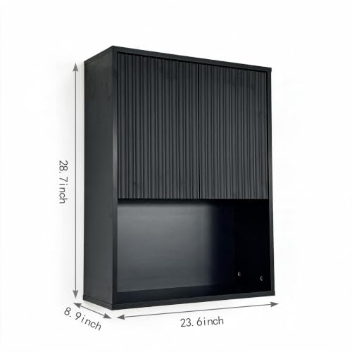 Fluted Bathroom Wall Cabinet Over the Toilet Storage,Wall Mounted Cabinet with Adjustable Shelf,Floating Cabinet Organizer Hanging Cabinet,Kitchen and Laundry Room Cabinets (Black, 1 PC) - color: Black