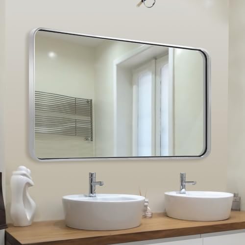 ANDY STAR 48”X30” Chrome Bathroom Mirrors, Polished Chrome Vanity Mirror, Rounded Rectangle Mirror for Wall, SUS304 Anti-Rust Tube Metal Frame, Wall Mounted Horizontal/Vertical 1’’ Deep - color: Polished Chrome, size: 48"L x 30"W