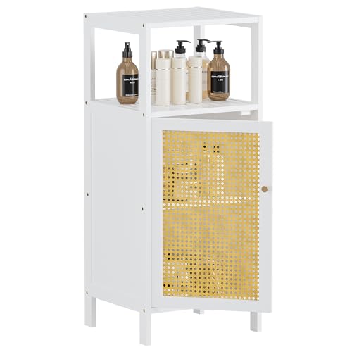 HITNET Bathroom Storage Cabinet Rattan, Small Bamboo Floor Cabinet with Single Door and Open Shelf, Freestanding Narrow Cupboard for Living Room, Kitchen, Entryway, White - color: White