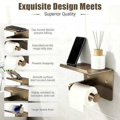 Bronze Toilet Paper Holder with Shelf, SUS304 Stainless Steel Rustproof Wall Mount Toilet Paper Roll Holder, Screw Bathroom Toilet Paper Holder for Kitchen, Washroom, RV - color: Bronze