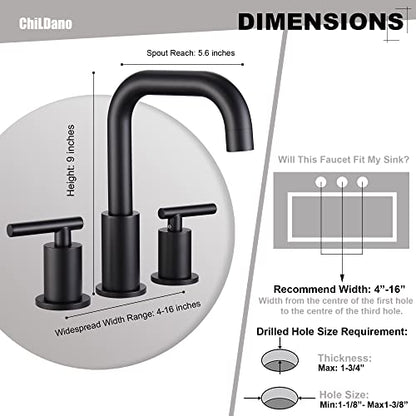 ChiLDano Black Sink Faucet Bathroom 3 Hole, 8 inch Black Faucet with Drain | 2 Handles 3 Hole Black Faucet for Bahtoom Sink, Bathroom Faucet Widespread for Vanity - color: Matte Black