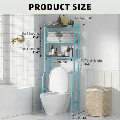 GloTika 3-Tier Over Toilet Storage, Anti-Tilt, 64" H, Blue | Anti-Tilt Safety System, 150lb Capacity, Carbon Steel, Freestanding, No Drilling, Anti-Rust Coating, Paper Holder & 4 Hooks - color: Blue, size: 3-Tier