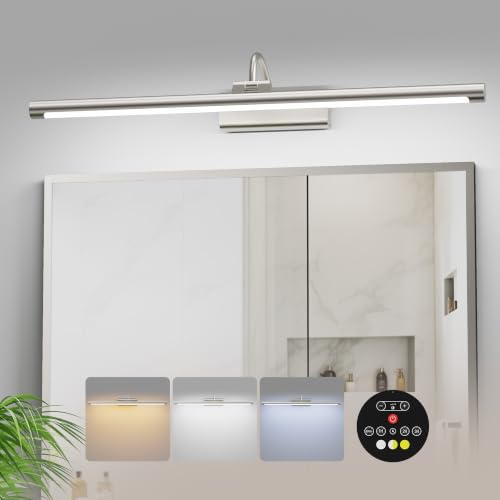 Wireless Battery Vanity Lights for Mirror Brushed Nickel 24 inch | 10000mAh Rechargeable Battery, No Wiring Needed, Remote Control, 500LM Dimmable, 3CCT with 250° Rotatable for Bathroom Mirror - color: Nickel, size: 1 Pack