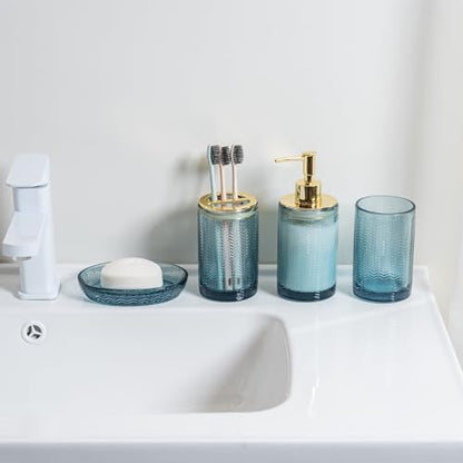 MyGift 4 Pcs Glass Bathroom Accessories Set with Toothbrush Holder, Soap Dish, Pump Dispenser, Tumbler Cup, Blue Bathroom Decor, Modern Embossed Chevron Design