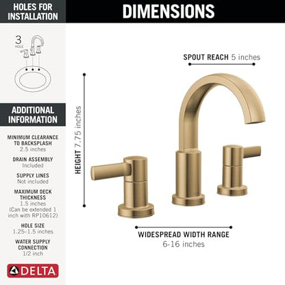 Delta Albion Brushed Gold Bathroom Faucet 3 Hole, 8 Inch Widespread Bathroom Sink Faucet for Vanity, Metal Push-Pop Drain Assembly, Champagne Bronze 35855LF-CZ - color: Champagne Bronze