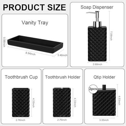 Bathroom Accessories Set Resin 6PCS, Square Toothbrush Holders Set Complete with Soap Dispenser, Vanity Tray, Tumbler, Cups and Cotton Swab Jars (Black Diamond, Resin Bath 6 PCS) - color: Black Diamond