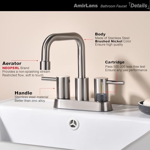 Brushed Nickel Bathroom Sink Faucet 2 Handle, 2 or 3 Hole 4 Inch Centerset Stainless Steel Bathroom Faucets with Pop up Drain, Vanity Faucet for Bathroom, Restroom, Rv, AML-21751-BN - color: Brushed Nickel