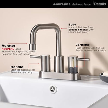 Brushed Nickel Bathroom Sink Faucet 2 Handle, 2 or 3 Hole 4 Inch Centerset Stainless Steel Bathroom Faucets with Pop up Drain, Vanity Faucet for Bathroom, Restroom, Rv, AML-21751-BN - color: Brushed Nickel