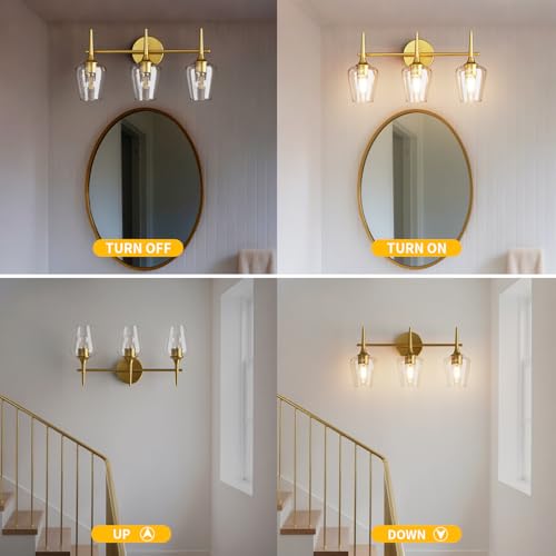 22 Inch 3-Light Gold Bathroom Vanity Light Fixtures | Wine Glass Clear Glass Wall Sconce, Modern Wall Mount Light for Bathroom, Hallway, Bedroom - color: 22 inch_Gold_3 lights