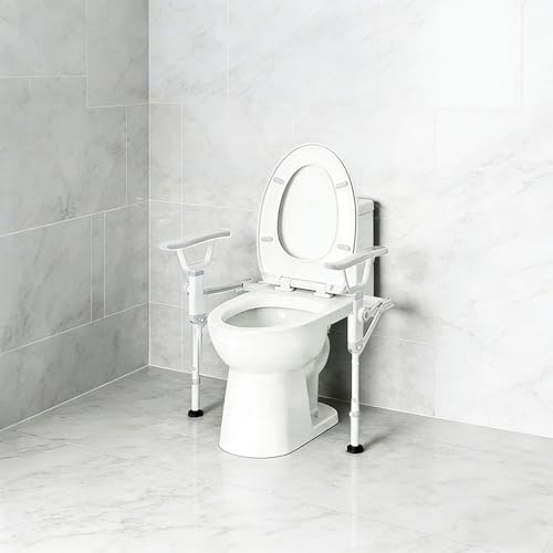 Folding Toilet Safety Rails - Adjustable Bathroom Support Frame | with Foldable Arms for Elderly, Seniors, Post-Surgery Recovery, and Pregnant Women - Tool-Free Installation, Sturdy Grab Bar