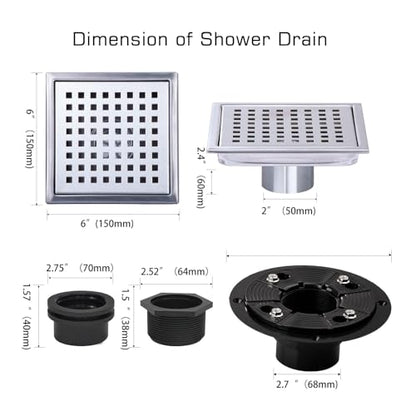 Square Shower Drain Silver Brushed 6 in with Removable Grid Panel | AISI 304 Stainless Steel Shower Floor Drain with Detachable Hair Catcher Flange Lifting Hook Fits Bathroom Balcony Kitchen - color: Stainless Steel, size: 6 inch+Base