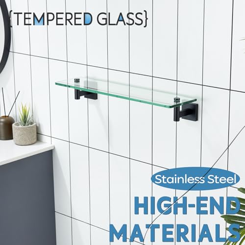 KOKOSIRI Bathroom Shelves Glass Floating Shelf 20-Inch for Bedroom Living Room Kitchen Hanging Rack Rustproof Wall Mounted Black 2 Pack B1105BK-L20-P2 - color: Matte Black, size: 20-Inch(2 Pack)