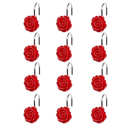 Twofish Home Red Rose Flower Shower Curtain Hooks Anti Rust Shower Curtain Hooks Decorative Resin Red Rose Flower Shower Curtain Rings Set of 12 - color: Red Rose