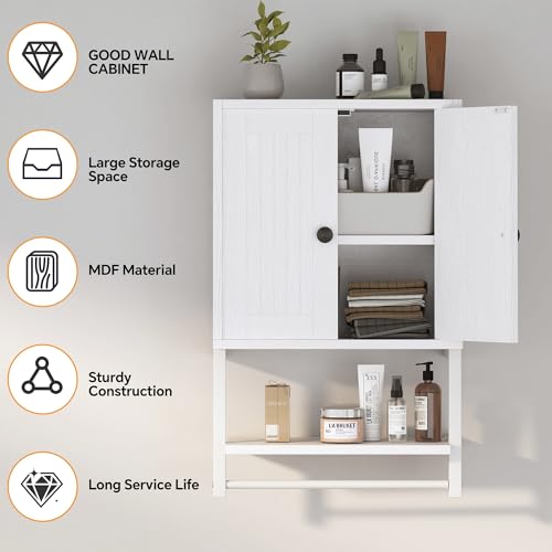 Homeiju Small Farmhouse Style Rustic Medicine Cabinet with Two Barn Doors, Wooden Wall Mounted Storage Cabinet with Shelf and Towel Bar for Bathroom, Living Room, Kitchen, White - size: 25.2'' H