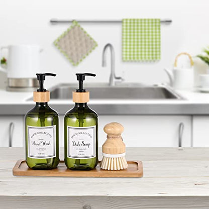 Zopeal 4 Pcs 16 oz Kitchen Soap Dispenser Set with Bamboo Tray and Dish Brush Plastic Soap Dispenser Set with Waterproof Labels for Hand Dish Lotion(Green) - color: Green