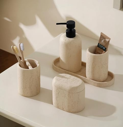 Bathroom Accessories Set, Travertine Stone Look, 5 PCS, Yellow | Modern, Bathroom Set with 13.53 OZ Soap Dispenser, Toothbrush Holder, Tumbler, Vanity Tray, Cotton Swab Jar for Countertop - color: Yellow 5 Pcs
