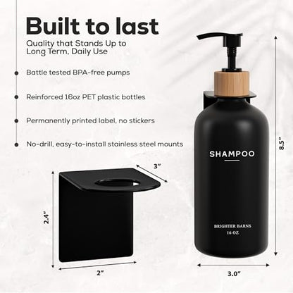 Black Shampoo and Conditioner Dispenser Set Wall Mounted by Brighter Barns - Shampoo Dispenser for Shower Wall 3 Chamber No Drill - Shower Bottles Refillable with Labels for Bathroom, Airbnb (Black) - color: Boho (Black)