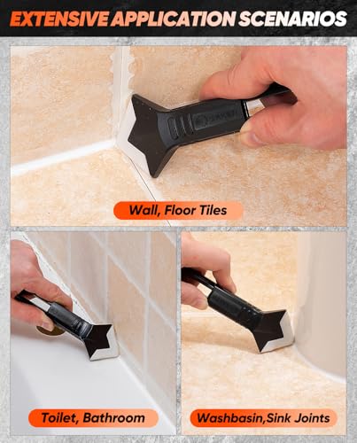 Saker Silicone Caulking Tool 3-in-1 Grout Removal Tool Classic Black | Sealant Finishing Scraper with Stainless Steelhead, Seam Repair Kit for Bathroom, Kitchen, Floor, Window and Sink Joints - style: Classic Black