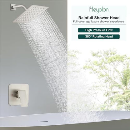 Heyalan 8 Inch Square Rain Shower Faucet Set with Valve, Brushed Nickel | Female-thread 1/2-inch NPT connections, SUS304 shower head, brass rough-in valve, single-handle control Shower Set - color: Nickel, size: 8 Inch Square Shower Head