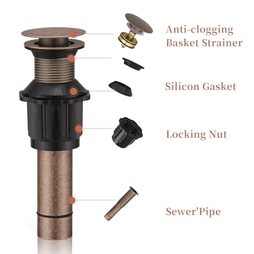 15/8" Bathroom Faucet Vessel Vanity Sink Pop Up Drain Assembly Stopper | Without Overflow Copper Push & Seal by Homevacious - color: Copper, style: Without Overflow