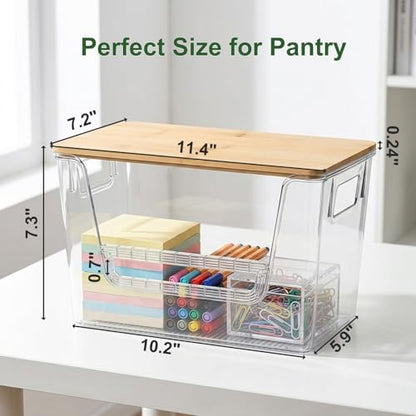 FUSHITON 2 Set Pantry Organizers, Clear Trash Bag Holder with Bamboo Lids | Stackable Trash Bag Dispenser for Potato, Onion, Garlic, Storage Bins for Kitchen Under Sink, Laundry Room