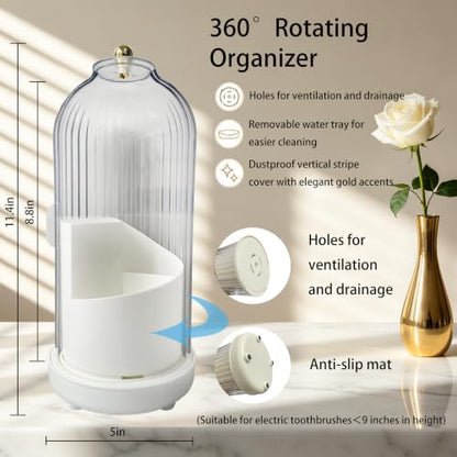 Dustproof Toothbrush Holders with Cover, Rotating Drainage Electric Toothbrush Organizer for Bathroom, 3 Slots Makeup Brush Holder with Sliding Lid for Vanity (Pure White) - color: Pure White