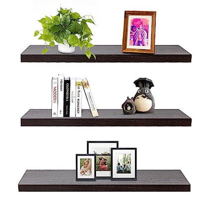 SAUMONIERES Floating Wall Shelves for Bedroom Bathroom Wall Mounted Solid Wood Shelf 24 Inch Set of 3, Espresso - color: Espresso, size: 24 Inch-3 shelves
