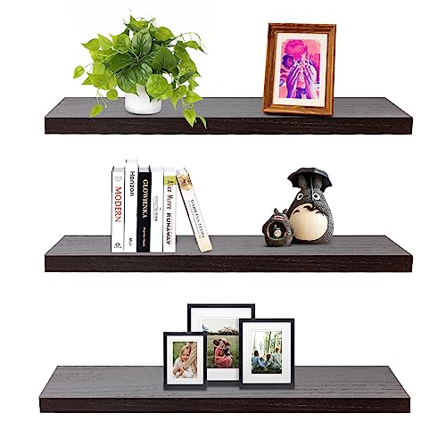 SAUMONIERES Floating Wall Shelves for Bedroom Bathroom Wall Mounted Solid Wood Shelf 24 Inch Set of 3, Espresso - color: Espresso, size: 24 Inch-3 shelves