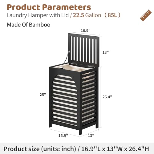 Laundry Hamper with Lid (16.9 * 13 * 26.5inches) Large Bamboo Laundry Bin Basket 85L Clothes Hamper with 1 Removable Bag Storage baskets for Bathroom(Black) - color: Black