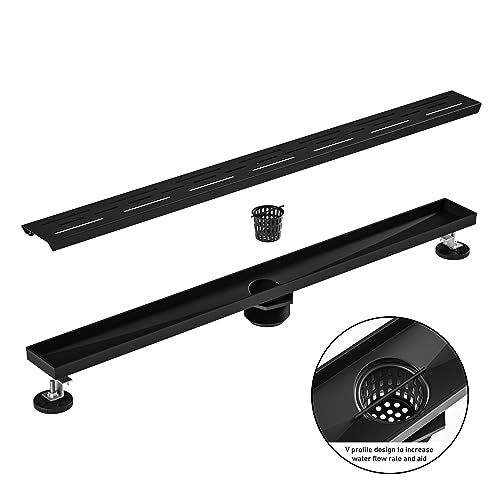 Linear Shower Drain 32" Matte Black 304 Stainless Steel | with Drain Grate| Fast Drainage | Stainless Floor Drain Grate | Hair Strainer | Drain Key | The Upgrade for Your Bathroom - size: 32 Inch