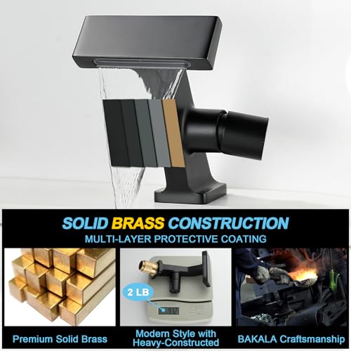 BAKALA Black Waterfall Bathroom Faucets, Single Hole Single Handle Brass Bathroom Sink Faucet Deck Mount, Rv Lavatory Vanity Faucet with 2 Supply Holes - color: Matte Black